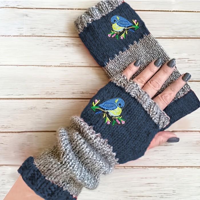 Cute Bird Embroidered Gloves Color Block Stretchy Knit Gloves Autumn Winter Warm Half Finger Female Gloves