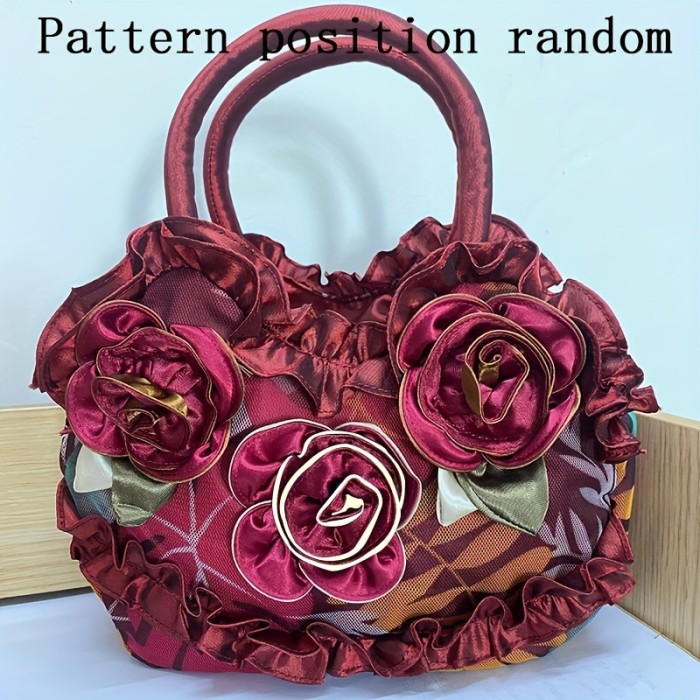Floral Decor Zipper Handbag, Fashion Double Handle Purse, Casual Flower Design Tote Bag For Shopping & Travel