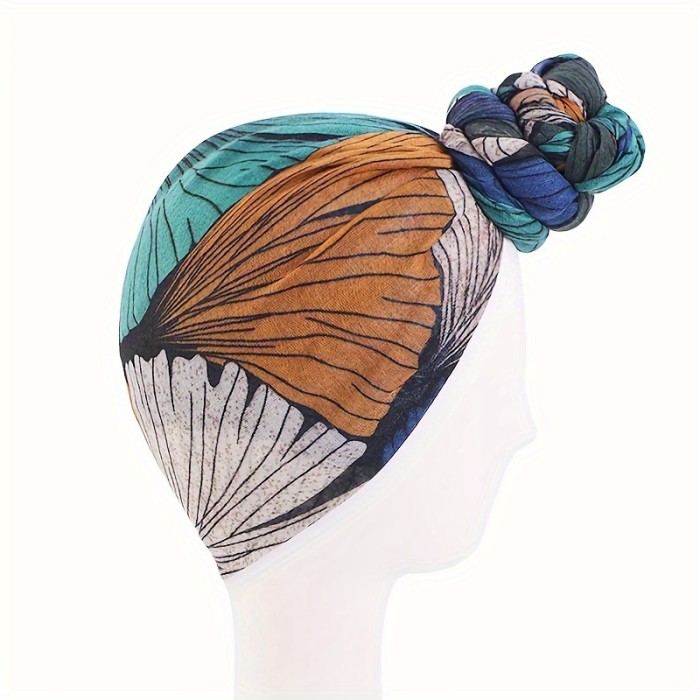 Ginkgo Biloba Print Turban, Colorful Flower Knot Head Wrap, Women's Fashionable Pre-tie Head Scarf Cap