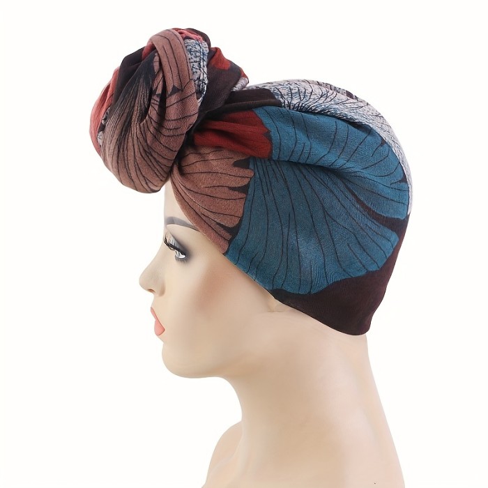 Ginkgo Biloba Print Turban, Colorful Flower Knot Head Wrap, Women's Fashionable Pre-tie Head Scarf Cap