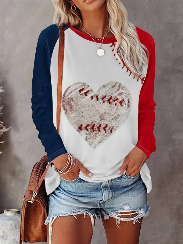 Color Block Heart Print T-Shirt, Casual Crew Neck Long Sleeve T-Shirt For Spring & Fall, Women's Clothing