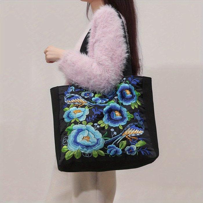 Flower Embroidery Canvas Tote Bag, Ethnic Style Shoulder Bag, Large Capacity Handbag For Women