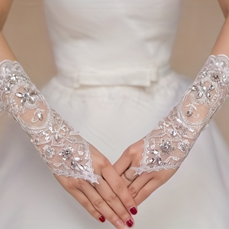 1 pair, Exquisite Rhinestone Wedding Gloves - Vintage Fingerless Lace Gloves for Bridal, Anniversary, and Birthday Parties