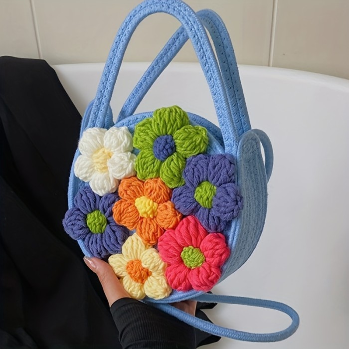 Flower Decor Woven Handbags, Sweet Holiday Beach Bag, Small Round Crossbody Bag For Women