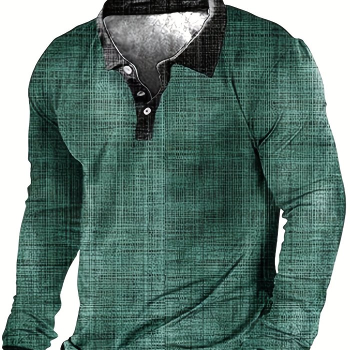 Oversized Lapel Shirt, Men's Vintage Style Textured Long Sleeve Golf Shirt Oversized Tops For Spring\u002Fautumn, Men's Clothing, Plus Size