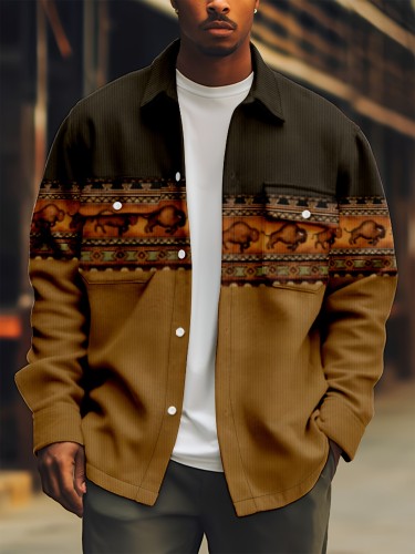 Men's Casual Ethnic Style Jacket, Button Up Flap Pocket Jacket