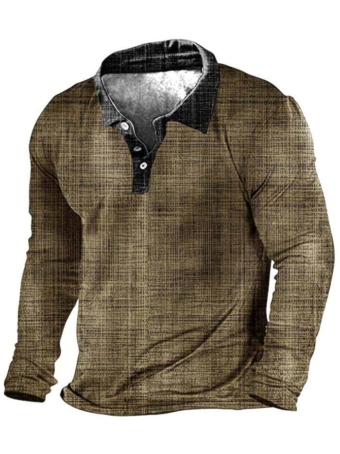 Oversized Lapel Shirt, Men's Vintage Style Textured Long Sleeve Golf Shirt Oversized Tops For Spring\u002Fautumn, Men's Clothing, Plus Size
