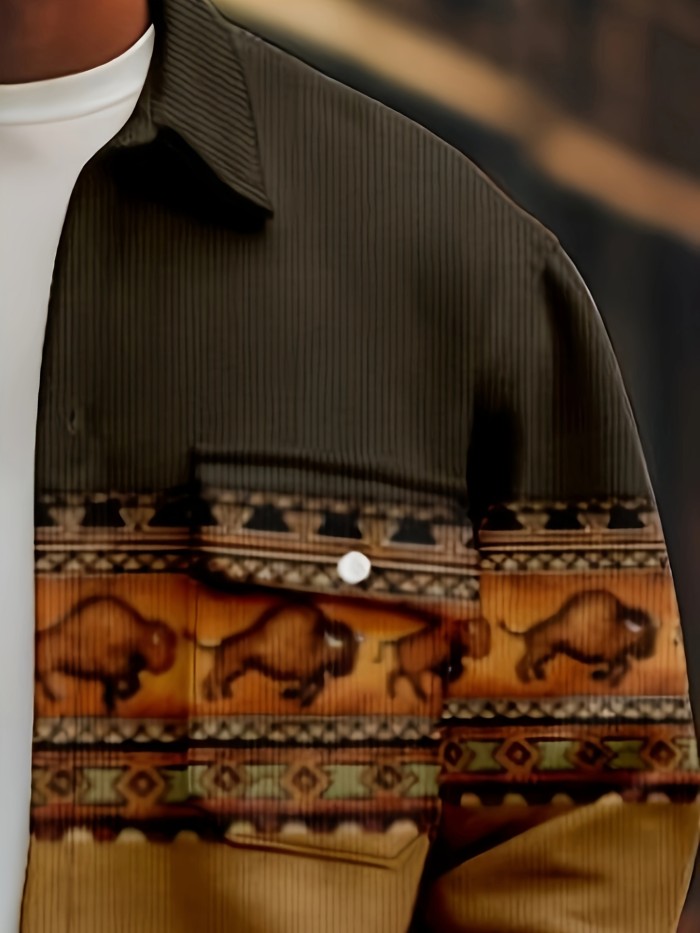 Men's Casual Ethnic Style Jacket, Button Up Flap Pocket Jacket