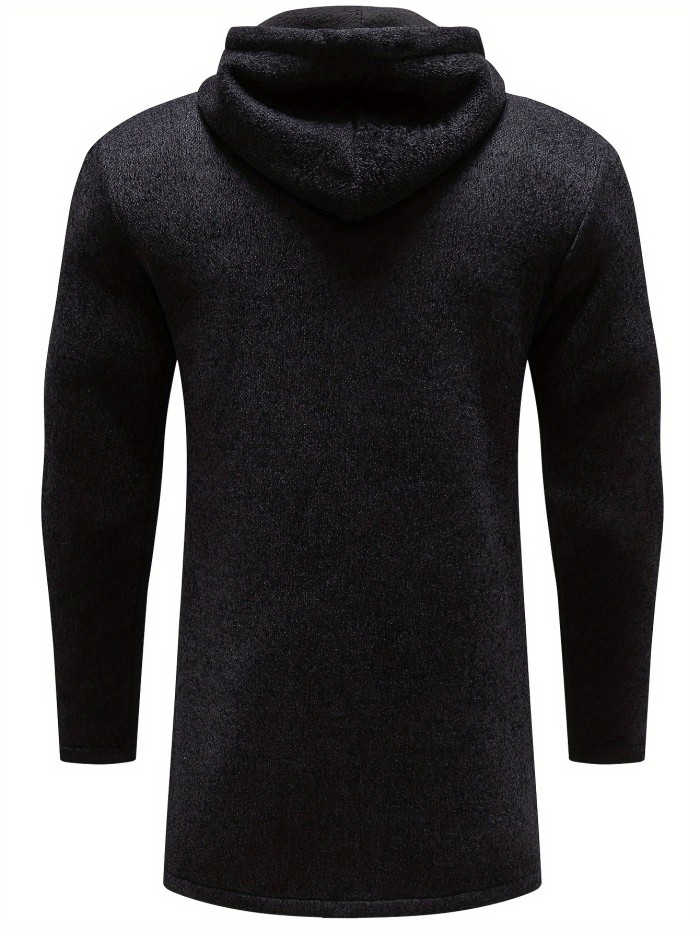 Warm Mid-length Hooded Fleece Coat, Men's Comfortable Solid Color Zip Up Knitted Cardigan For Spring Fall