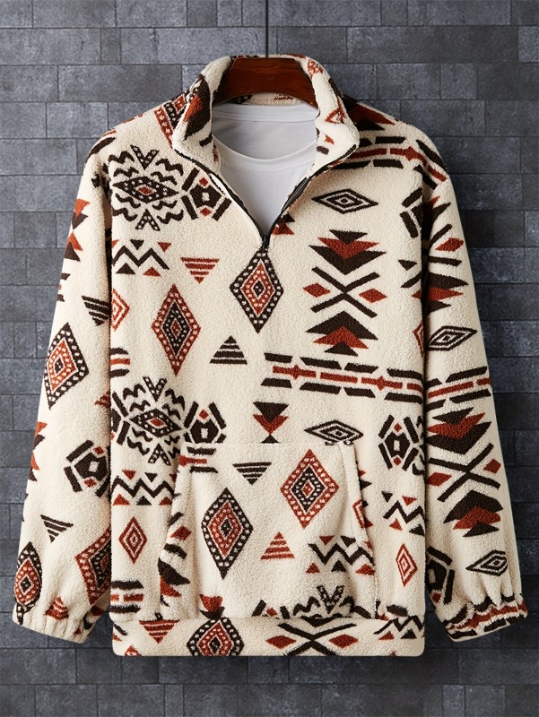 Plus Size Men's Ethnic Style Pattern Print Band Collar Sweatshirt Fleece Thick Warm Jacket Fall Winter Tops, Men's Clothing