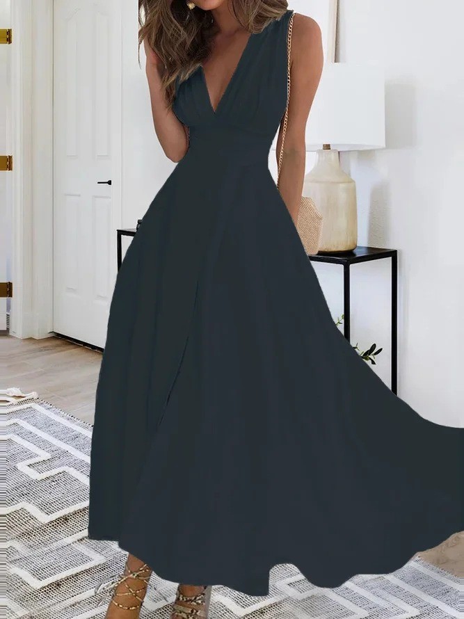 Elegant V Neck Solid Color Casual Dress Long Dress