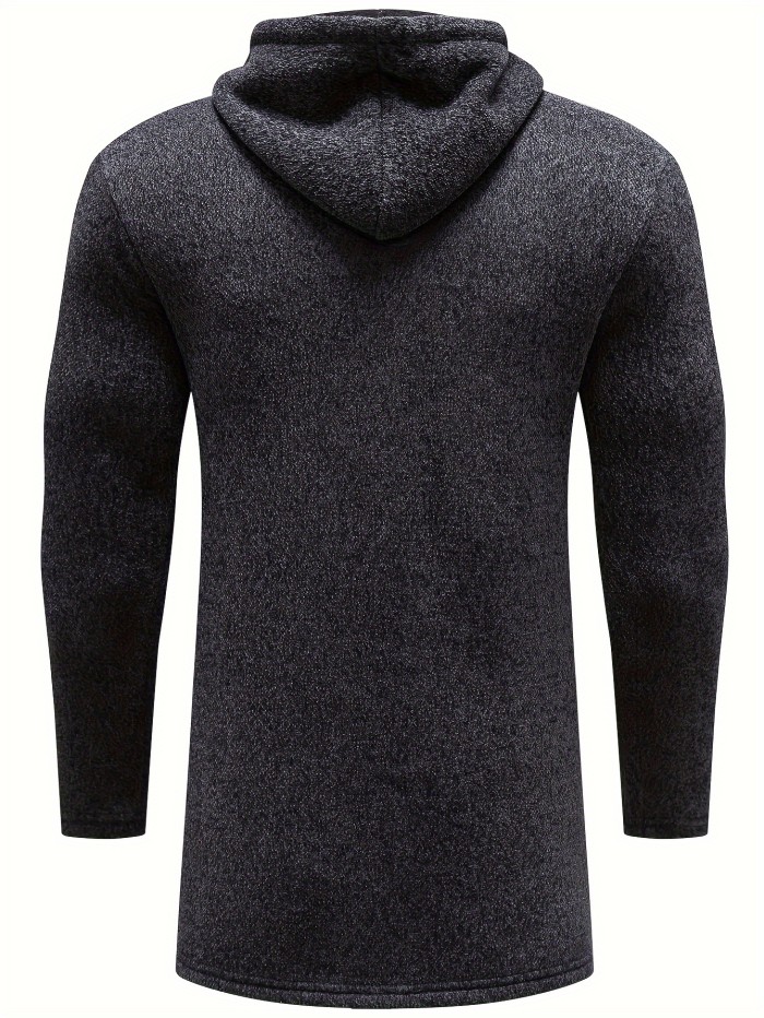 Warm Mid-length Hooded Fleece Coat, Men's Comfortable Solid Color Zip Up Knitted Cardigan For Spring Fall
