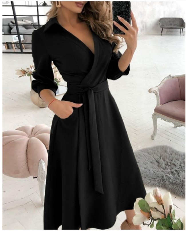 Lapel Lace Up Solid Color Mini Dress