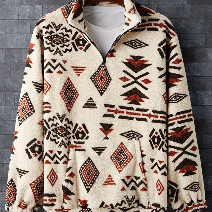 Plus Size Men's Ethnic Style Pattern Print Band Collar Sweatshirt Fleece Thick Warm Jacket Fall Winter Tops, Men's Clothing