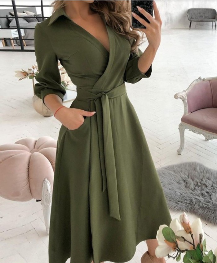 Solid Lace Up Short Sleeve Dress