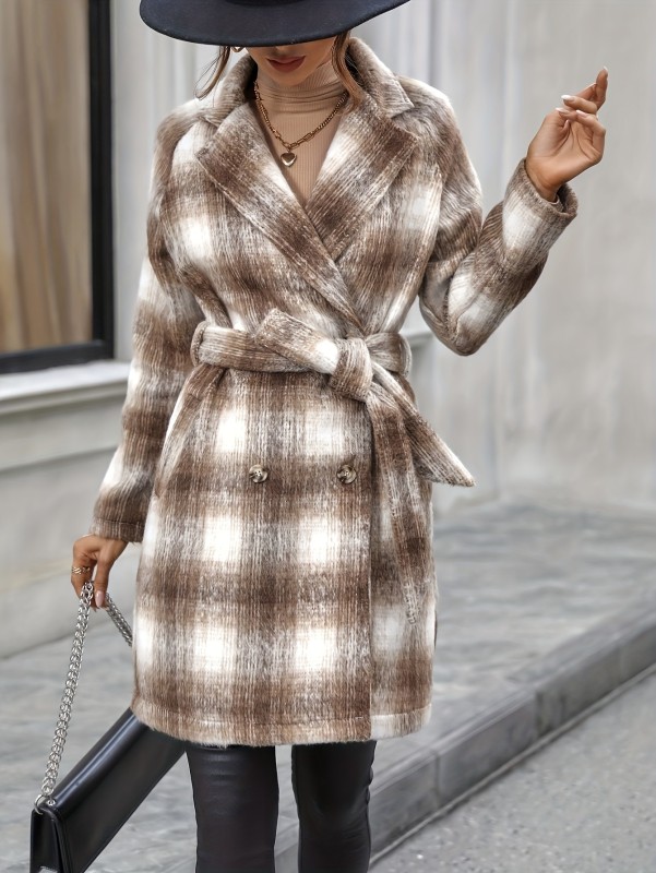 Plaid Pattern Double Breasted Overcoat, Elegant Lapel Belted Long Sleeve Outwear For Fall & Winter, Women's Clothing