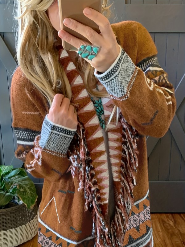 Tribal Pattern Open Front Knit Cardigan, Vintage Tassel Trim Long Sleeve Sweater, Women's Clothing