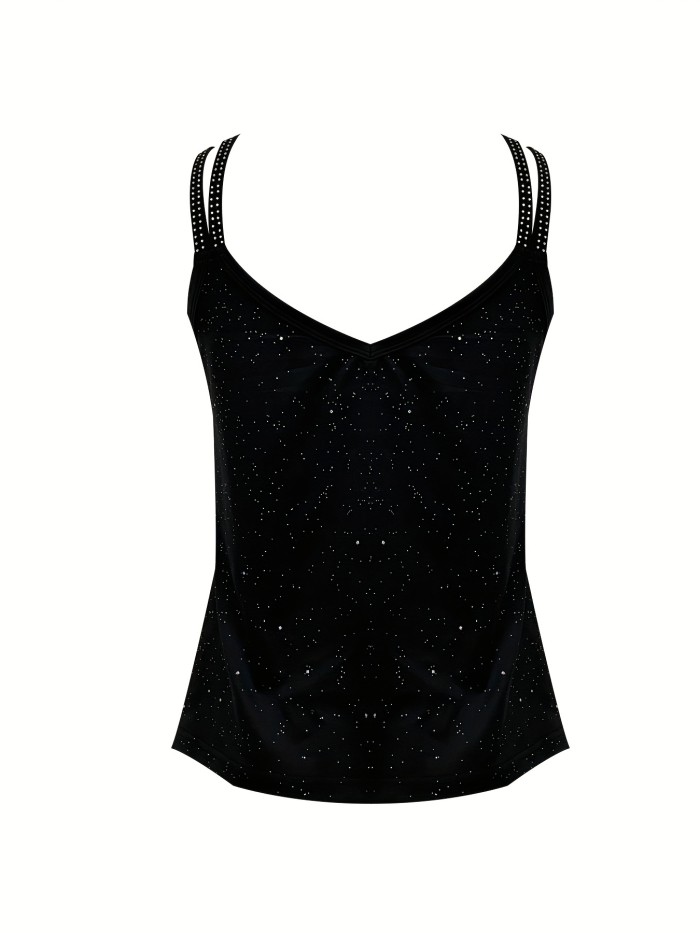 Rhinestone Solid Cami Top, Sexy V Neck Summer Sleeveless Top, Women's Clothing