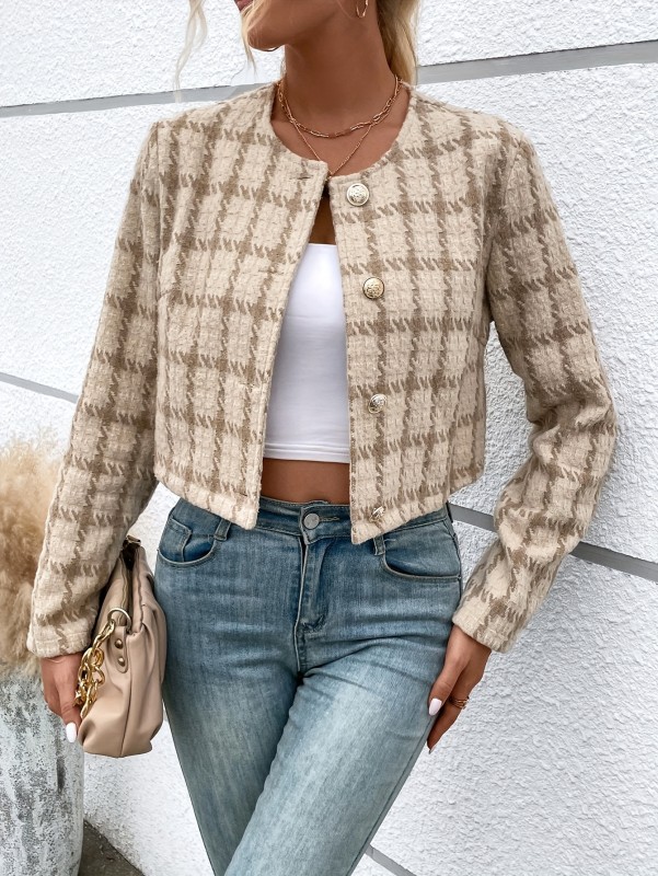 Plaid Pattern Single Breasted Jacket, Elegant Long Sleeve Outwear For Spring & Fall, Women's Clothing