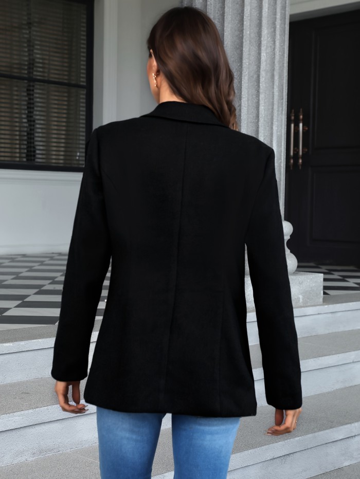 Solid Color Open Front Blazer, Elegant Beaded Decor Lapel Neck Button Long Sleeve Blazer For Spring & Winter, Women's Clothing