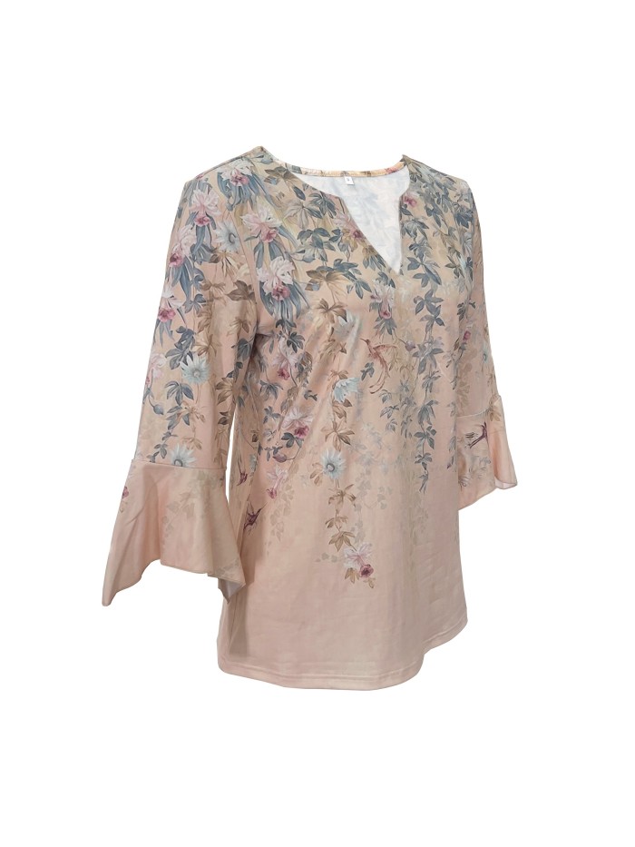 Floral Print Notched Neck T-Shirt, Casual 3\u002F4 Sleeve Top For Spring & Fall, Women's Clothing