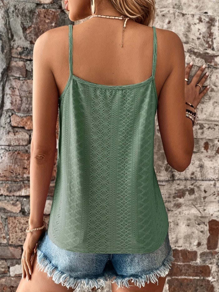 Eyelet Contrast Lace Cami Top, Casual V-neck Spaghetti Strap Top For Summer, Women's Clothing