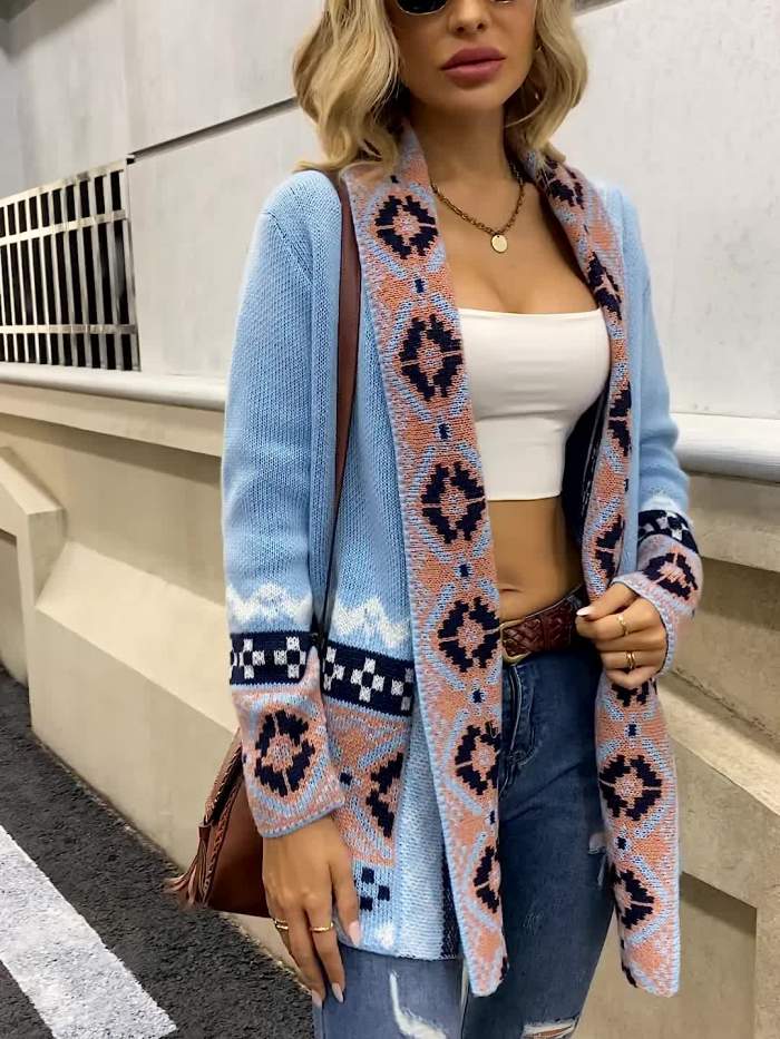 Aztec Ethnic Pattern Knit Cardigan, Vintage Open Front Long Sleeve Sweater, Women's Clothing