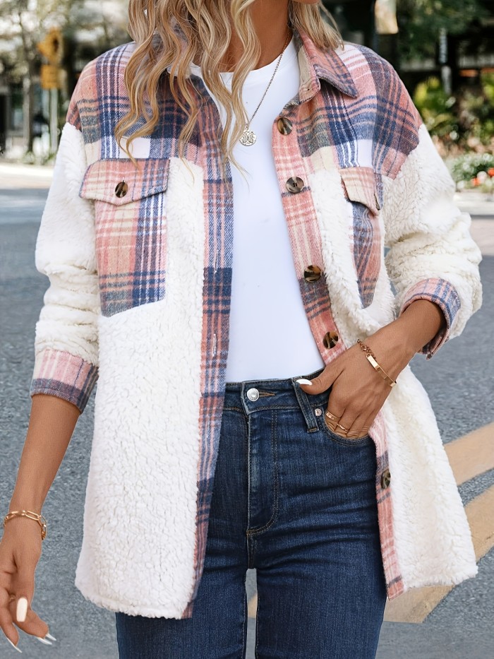 Plaid Print Button Front Loose Jacket, Casual Lapel Neck Flap Pockets Long Sleeve Jacket For Fall & Winter, Women's Clothing