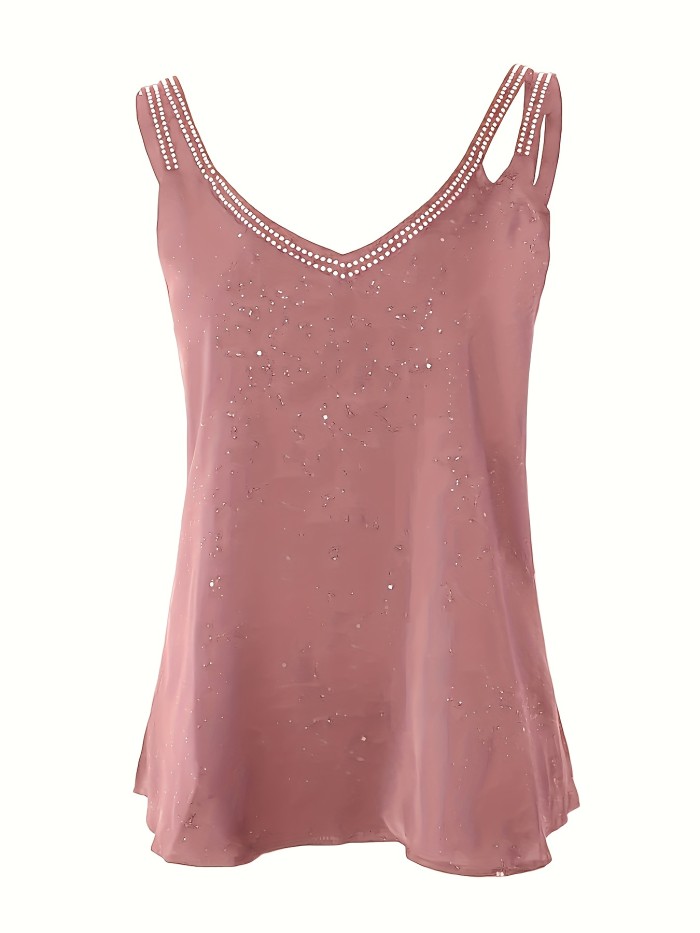 Rhinestone Solid Cami Top, Sexy V Neck Summer Sleeveless Top, Women's Clothing