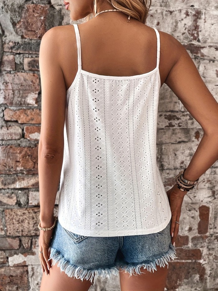 Eyelet Contrast Lace Cami Top, Casual V-neck Spaghetti Strap Top For Summer, Women's Clothing