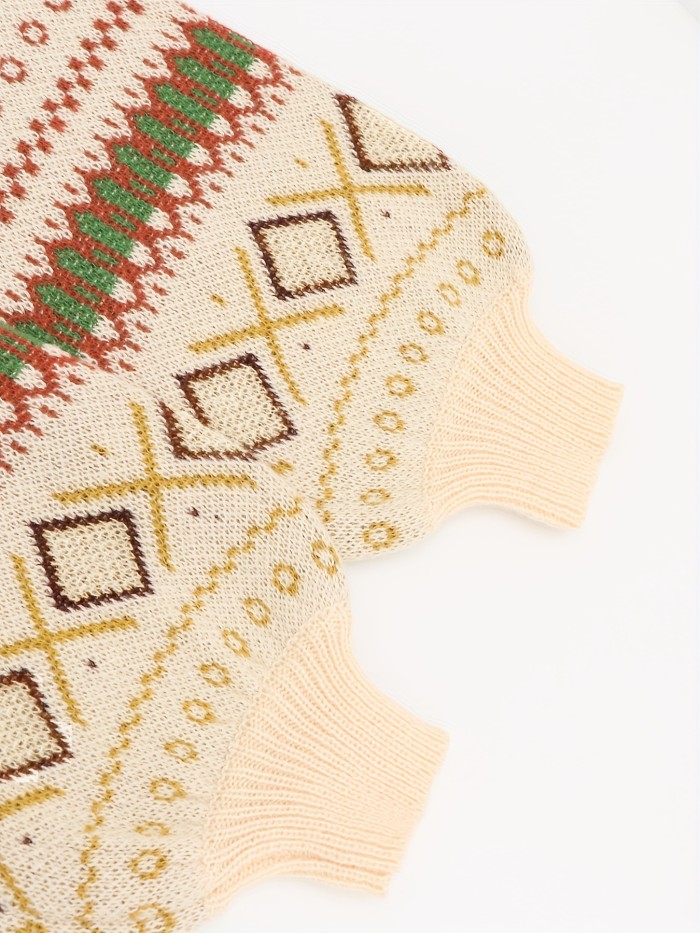 Argyle Pattern Knit Cardigan, Ethnic V Neck Long Sleeve Sweater, Women's Clothing