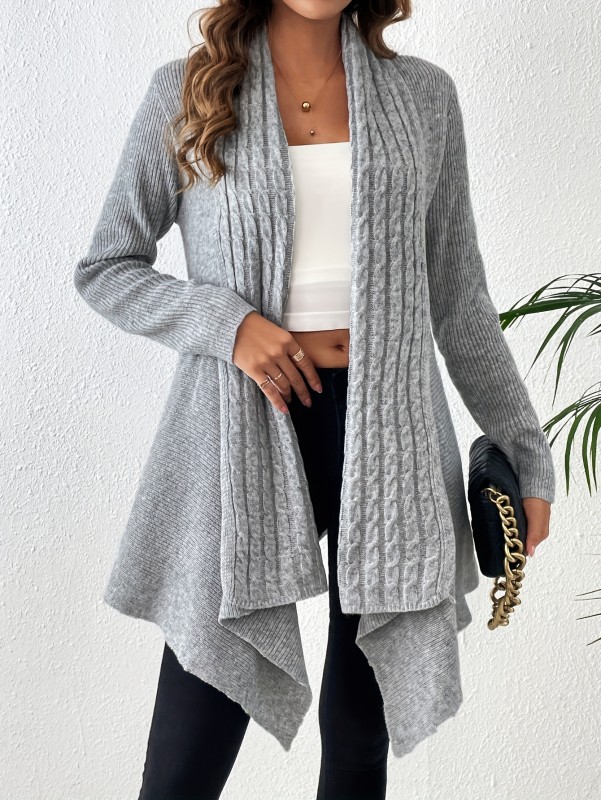 Solid Open Front Cable Knit Cardigan, Casual Asymmetrical Hem Long Sleeve Sweater, Women's Clothing