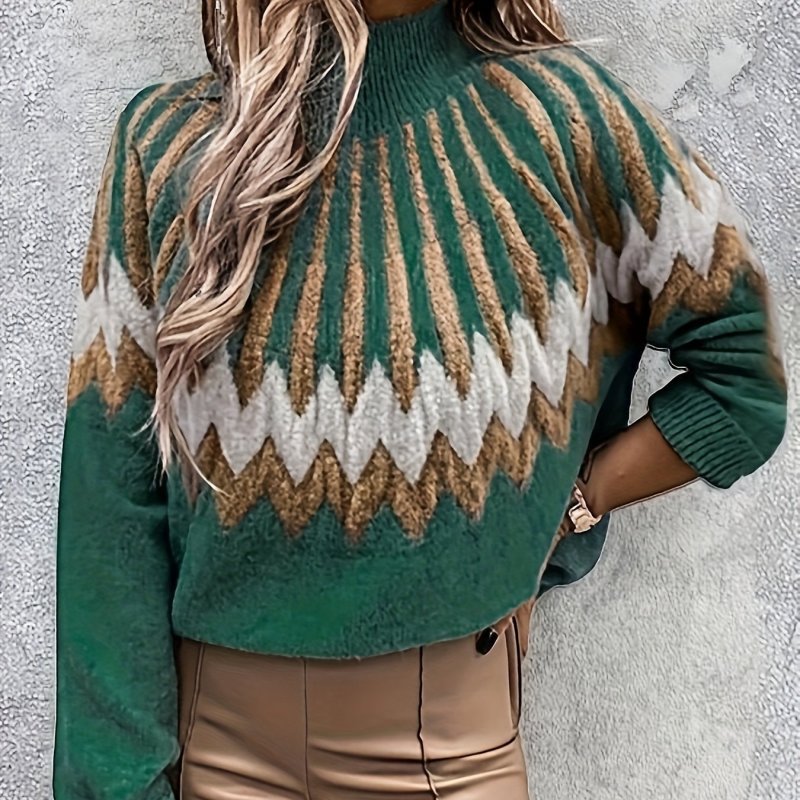 Ethnic Geo Pattern Mock Neck Sweater, Casual Long Sleeve Sweater For Fall & Winter, Women's Clothing