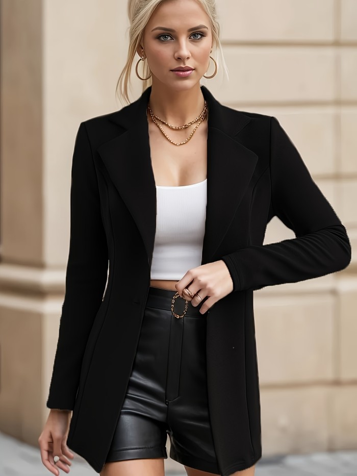 Solid Lapel Neck Blazer, Casual Long Sleeve Blazer For Office & Work, Women's Clothing