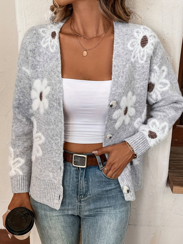 Floral Pattern Button Down Knit Cardigan, Casual V Neck Long Sleeve Sweater, Women's Clothing