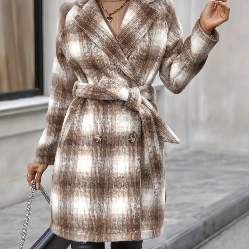 Plaid Pattern Double Breasted Overcoat, Elegant Lapel Belted Long Sleeve Outwear For Fall & Winter, Women's Clothing