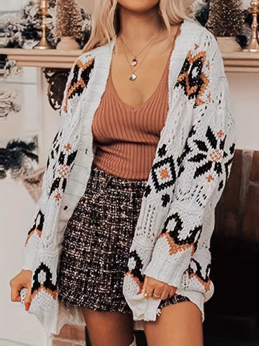 Geometric Pattern Knitted Cardigan, Casual Long Sleeve Crochet Outwear For Fall & Winter, Women's Clothing