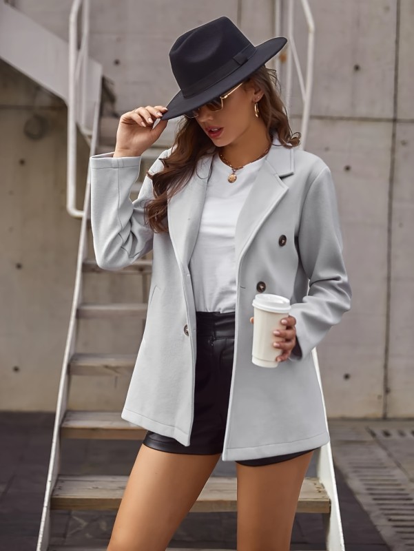 Double-breasted Notched Collar Blazer, Elegant Long Sleeve Blazer For Work & Office, Women's Clothing