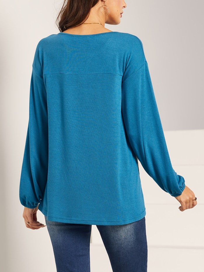 Floral Print V Neck T-shirt, Boho Long Sleeve Top For Spring & Fall, Women's Clothing