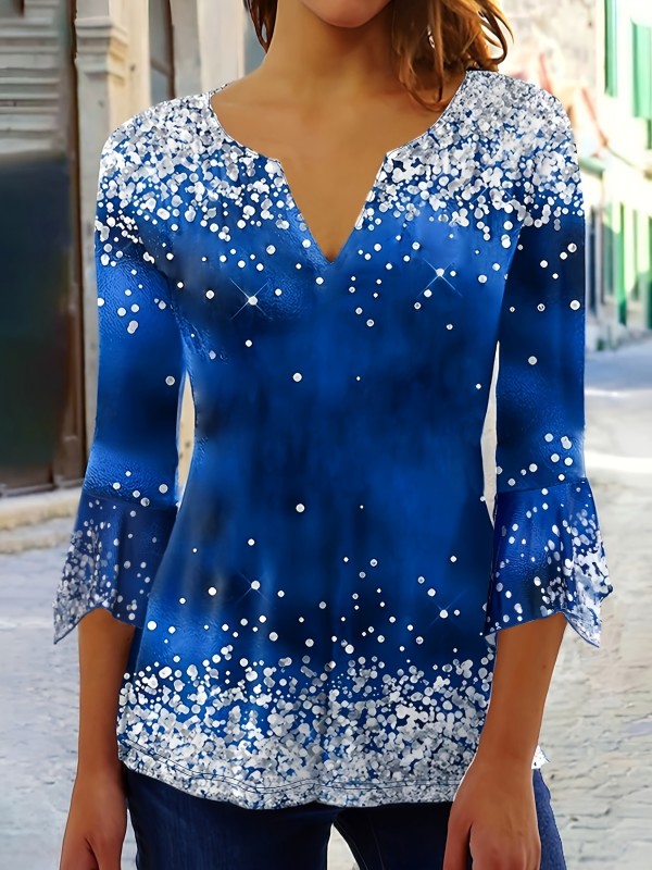 Polka Dots Print Notched Neck T-Shirt, Elegant Long Sleeve Knitting T-Shirt For Every Day, Women's Clothing
