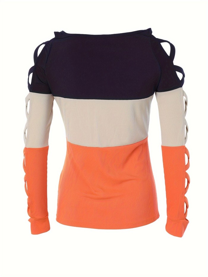 Color Block Crew Neck T-Shirt, Casual Criss Cross Long Sleeve Top For Spring & Fall, Women's Clothing
