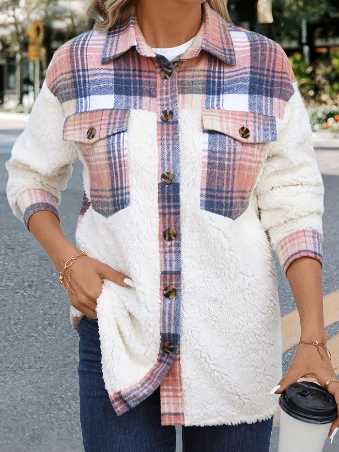 Plaid Print Button Front Loose Jacket, Casual Lapel Neck Flap Pockets Long Sleeve Jacket For Fall & Winter, Women's Clothing