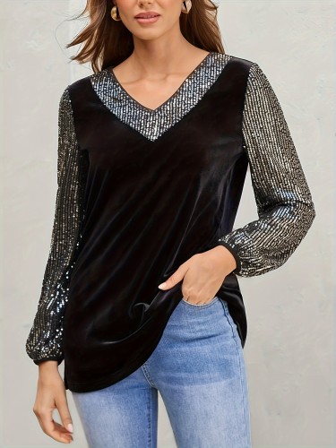 Sequin Decor V Neck T-Shirt, Casual Long Sleeve T-Shirt For Spring & Fall, Women's Clothing