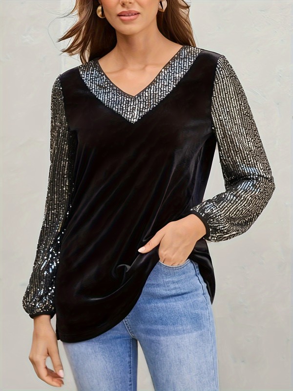 Sequin Decor V Neck T-Shirt, Casual Long Sleeve T-Shirt For Spring & Fall, Women's Clothing