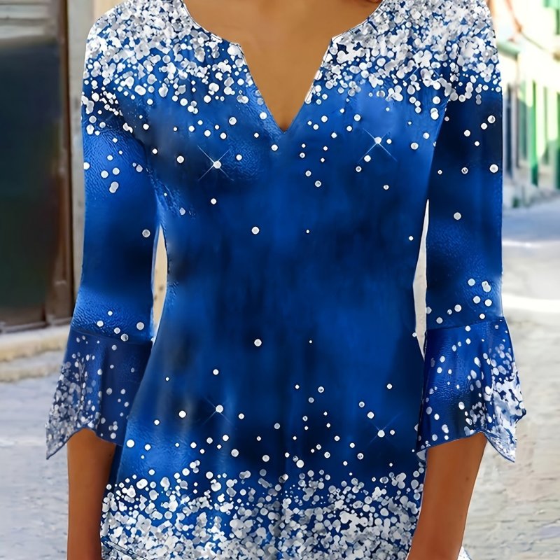 Polka Dots Print Notched Neck T-Shirt, Elegant Long Sleeve Knitting T-Shirt For Every Day, Women's Clothing