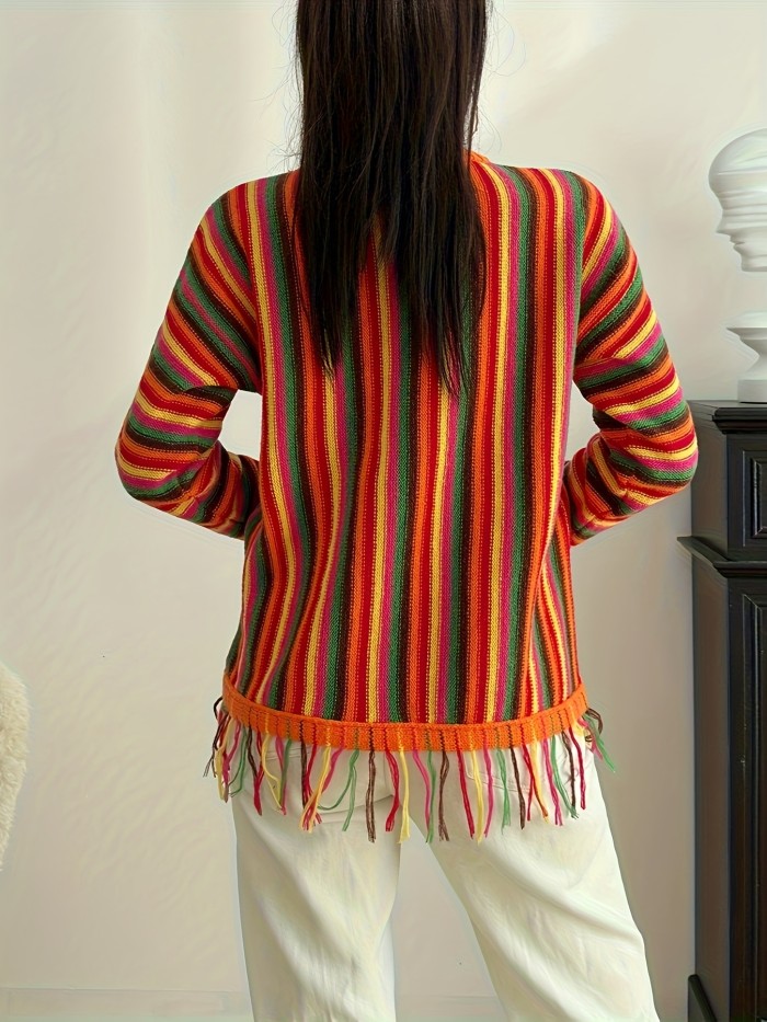 Colorful Striped Crew Neck Pullover Sweater, Boho Tassel Trim Long Sleeve Sweater, Women's Clothing