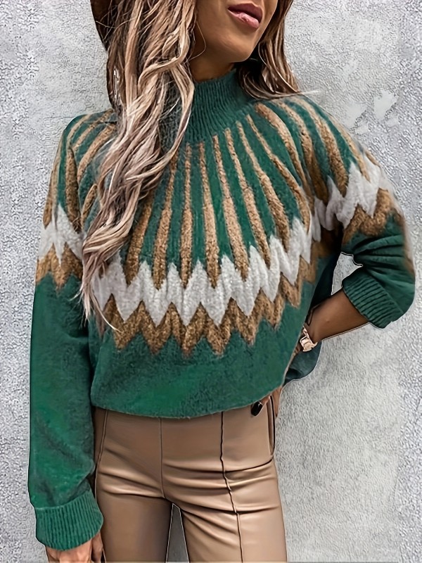 Ethnic Geo Pattern Mock Neck Sweater, Casual Long Sleeve Sweater For Fall & Winter, Women's Clothing