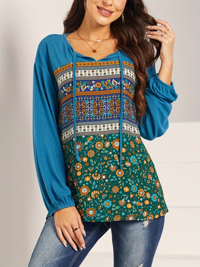 Floral Print V Neck T-shirt, Boho Long Sleeve Top For Spring & Fall, Women's Clothing