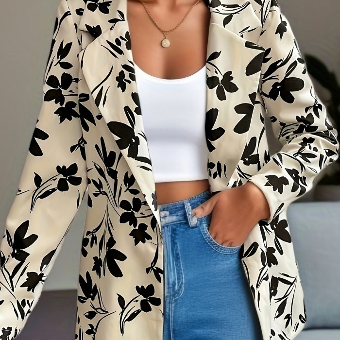 Floral Print Button Front Blazer, Casual Long Sleeve Lapel Collar Blazer, Women's Clothing
