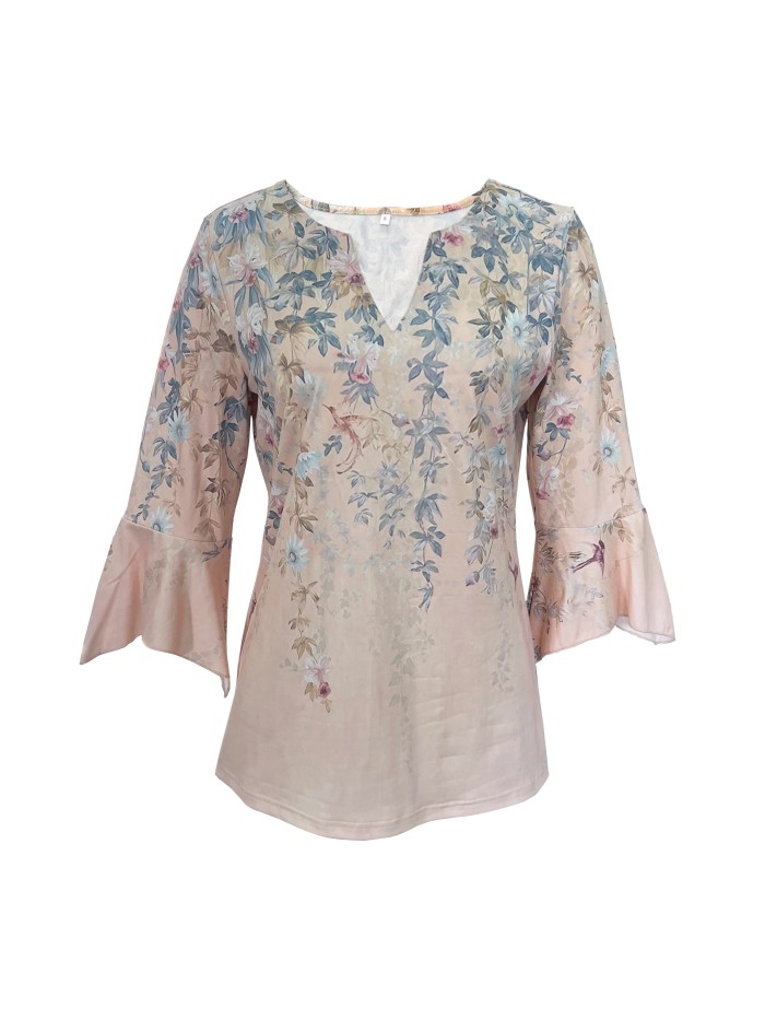 Floral Print Notched Neck T-Shirt, Casual 3\u002F4 Sleeve Top For Spring & Fall, Women's Clothing